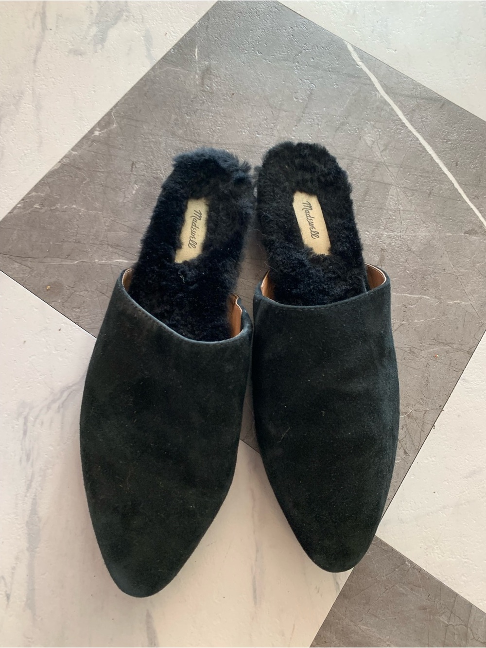 Madewell Black Faux-Fur Lined Suede Mules